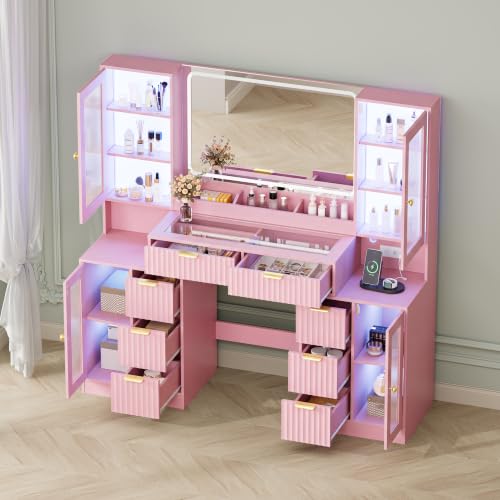 Image of 55 inch Makeup Vanity Desk with Mirror and Lights, Glass Top, Pink | Built-In Charge Station, 8 Drawers Large Storage, RGB Glass Cabinets & LED Mirror, Perfect Bedroom Vanity for Women & Girls