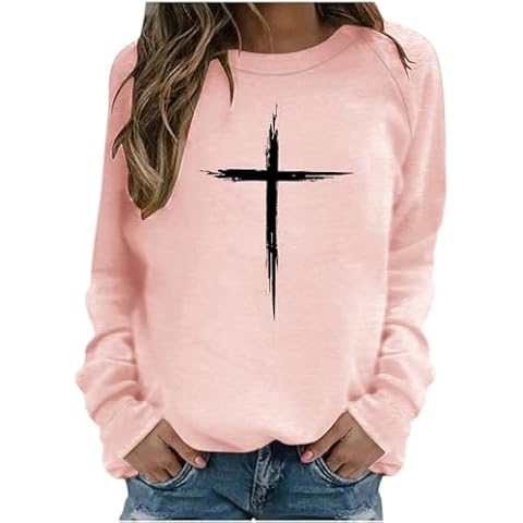 Lastesso Womens Tops Heart Jesus Cross Printed Tee Comfy Outdoor Crew Neck Loose Long Sleeve Easter Graphic Shirts Pink M Cover