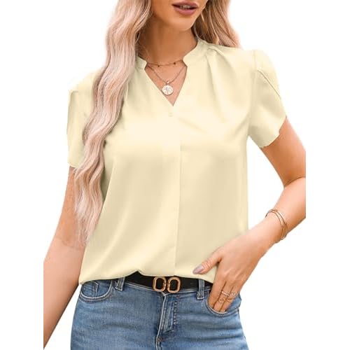 YIJIU Women's Casual V Neck Cap Sleeve Summer Shirts Button Chiffon Dressy Business Work Blouses Top Small Beige