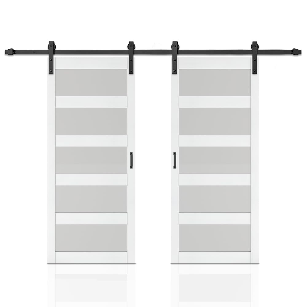 84 in. x 84 in. 5 Lite Tempered Frosted Glass White Finished Composite Double Sliding Barn Door with Hardware Kit Handle