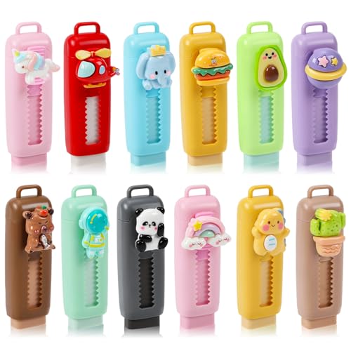 Image of 12 Pack Cute Retractable Pencil Erasers for Kids Bulk Kawaii Cartoon Fun Erasers for Teacher Class Rewards Favor School Supplies Home Office Party Gift Filling