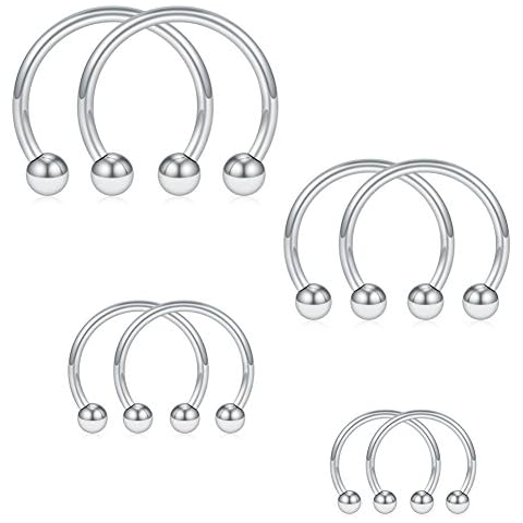 SCERRING 8PCS 16G Stainless Steel Nose Septum Horseshoe Earring Eyebrow Septum Lip Helix Tragus Cartilage Piercing Ring 6mm,8mm,10mm,12mm - Silver Cover