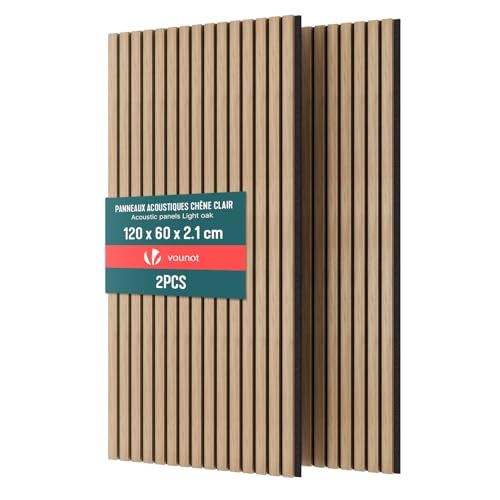 Image of VOUNOT® Wooden Slat Acoustic Wall Panels 2 Pack 120x60 cm, Sound Absorbing Decorative Wood Panelling for Living Room, Bedroom & Office, Light Oak