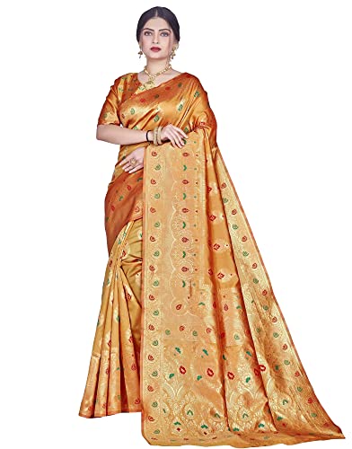Image of C J Enterprise Women's Jacquard Silk Banarasi Kanjivaram Style Saree Paithani Mustard Yellow