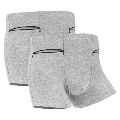 LUEXBOX Pocket Underwear for Men with Secret Hidden Pocket, Travel Boxer Briefs, 2 Packs (Grey)