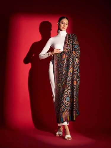 Zamour Women Kani Kashmiri Weave Large Scarf Shawl Wrap in Soft Modal Material 40x80 inches (Black)4