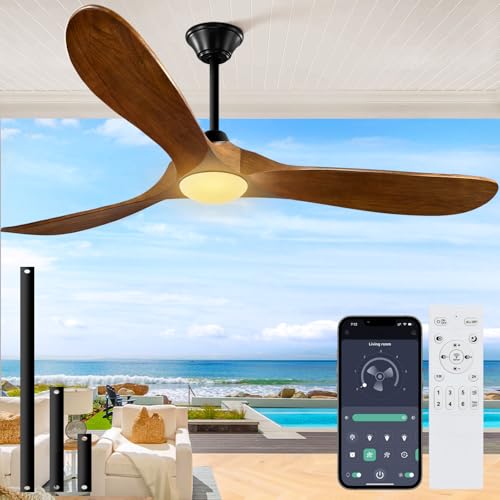 Image of Outdoor Ceiling Fans with Lights-Glass Lamp, 60 inch Smart Ceiling Fan with WIFI Alexa and App Remote Control, Damp Rated Wood Propeller Blades for Patios & Porch, 3 Blades, High CFM 6 Speed, Walnut