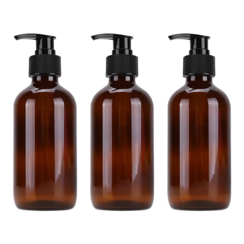 3'lü Paket Boş Amber Cam Şişeler 250 ml Doldurulabilir Cam Pompa Şişeleri Saç Kremi; Losyon, Krem ve Kozmetik için
