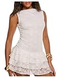 BEAUDRM Women's Y2k Floral Lace Ruffle Hem Layered Mini Dress Sleeveless Boat Neck Summer A-Line Short Dress White Large