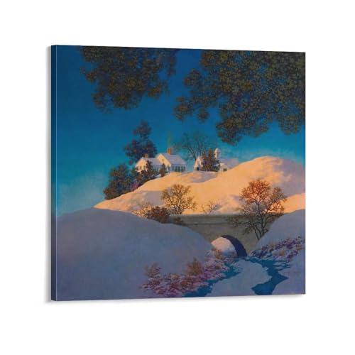 Toile Maxfield Parrish maison et pont enneigés tableau d'art premium 70x70