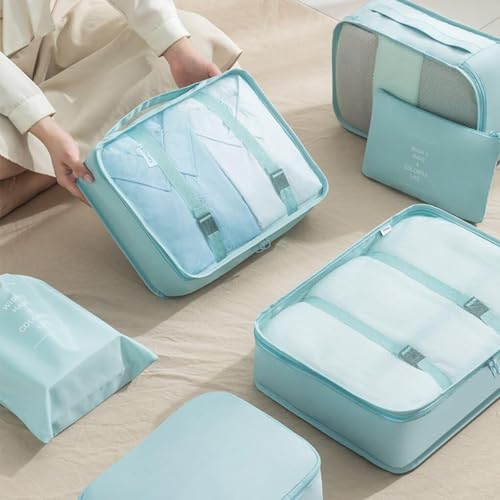 Image of 7pcs pouche Set Travel Organizer Packing Cubes Lightweight Travel Luggage Organizers with Laundry Bag or Toiletry Bag Laundry Organiser (7 PCS) (SKY BLUE)