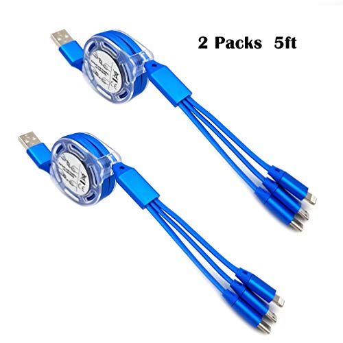 DeHasion 2 Packs 5ft 3 in 1 Charging Cable Retractable Multi Charger Cord Multiple USB Cable Micro USB Type C Universal 3 in 1 USB Cord for All Phones Samsung, Moto, BlackBerry, Nokia, LG, (Blue)