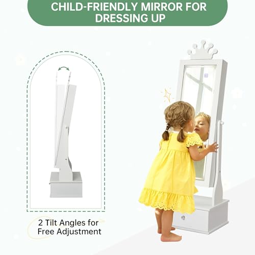 Garvee Kids Jewelry Cabinet with Full-Length Mirror, Freestand Mirror with Storage Drawers, Kids Vanity Dress Up Mirror with Jewelry Organizer, 46" Jewelry Armoire for Bithday/Christmas(White)
