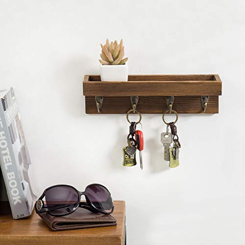 Mygift Floating Wall Shelf With Hooks, Dark Brown Wood Entryway Storage Shelf With 4 Metal Key Hooks #TOP2