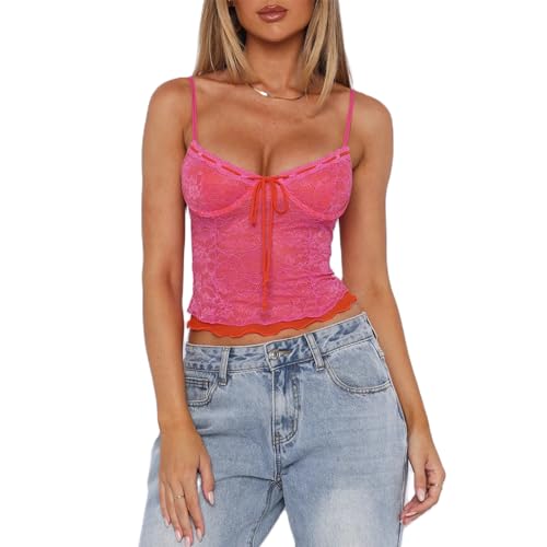 Women Y2K Camisole Spaghetti Strap Lace Trim Square Neck Tank Top Summer Basics Going Out Tops Streetwear