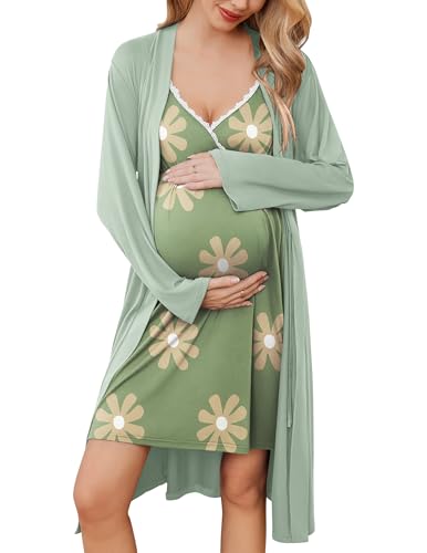 Image of Ekouaer Maternity Nursing Nightgown and Robe Set Delivery Gown Postpartum Pajamas Pregnancy Clothes Yellow/Sage Green Large