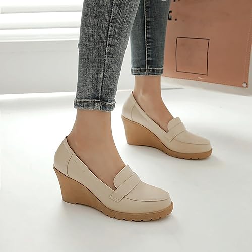 Women's Slip on Round Toe Wedge Pumps,Fashion Hand Stitching Cozy Hiking Platform Loafers Office Work Wedding Party Dress Elegant High Heel Shoes4