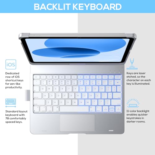 Image of typecase Touch iPad 11th 10th Generation Case with Keyboard (11 inch 2025, A16 & 10.9 inch 2022) - 360 Rotatable, 11-Color Backlit, Multi-Touch Trackpad, Pencil Holder, Thin & Light - Silver