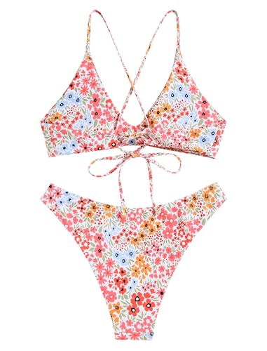 Image of ZAFUL Women's Tie Back Padded High Cut Bralette Bikini Set Two Piece Swimsuit
