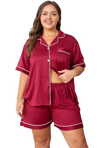 Image of Vozanet Women's Plus Size Button Down Pajamas Soft Lounge Sets Shorts with Pockets Bride Nighty Solid Soft Pjs 1x to 5x