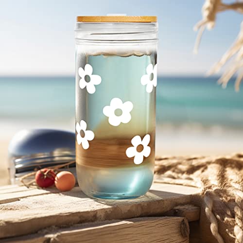 Anotion Cute Glass Cups With Lids And Straws, Mason Jars With Flower Design, Bamboo Lid, Iced Coffee Cups Tumbler Drinking Glasses Travel Coffee Mug Perfect For Coffee, Smoothies, Boba Tea, And Wine #TOP4