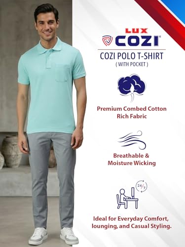 Image of Lux Cozi Men's Polo T-Shirt Regular Fit Half Sleeves with Pocket | Cotton Blend Polo Neck Collar T-Shirt for Men | Casual, Office Comfortable Breathable T-Shirt | Stylish Plain Tee