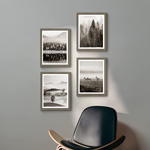 Framed Landscape Wall Art Bedroom: Modern Foggy Forest Picture Bathroom Living Room Black Pine Tree Nature Scene Print 4 Piece 11X14 Vertical Misty Mountain Deer Painting Artwork For Home Office #TOP3