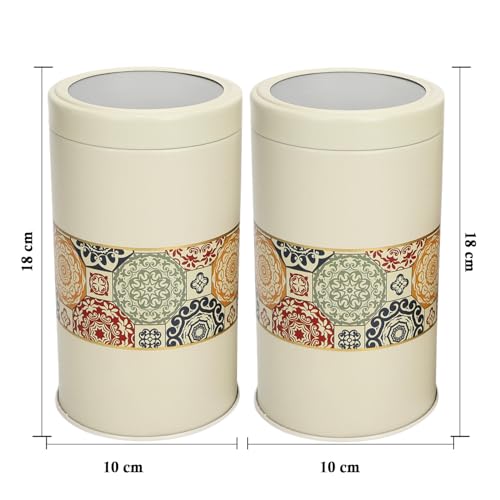 Image of Mandala Collection Airtight Kitchen Container Set| 1400ML- Set of 2| Food Grade Metal Jars for Rice, Atta, Besan & Flour Storage| Vacuum Lid, Rust Resistant| Beige Rangoli Canisters