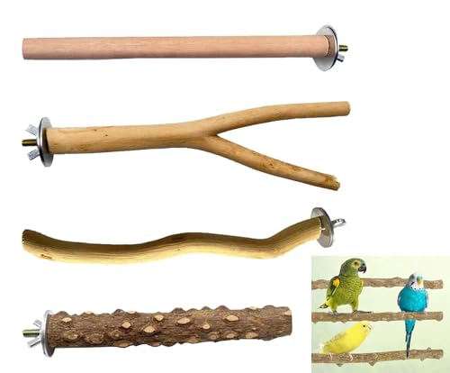 Juego de 4 Perchas de Madera Natural para Loros - Perchas de Rama para Jaulas de Pájaros - Plataforma de Juego y Descanso para Periquitos, Agapornis, Cacatúas y Aves