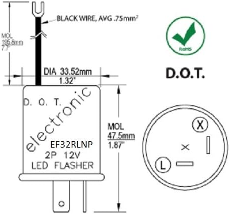 EF32RLNP Electronic LED Turn Signal Flasher Relay, DOT APPROVED, POLARITY INDEPENDENT, 2 Prongs + Ground Wire, 12 Volts, LED & Incandescent Compatible