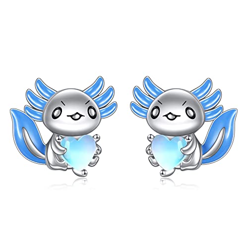 Poplyke Blue Moonstone Axolotl Stud Earrings For Women 925 Sterling Silver Hypoallergenic Animal Jewelry Birthday Gifts For Sensitive Ear #TOP11