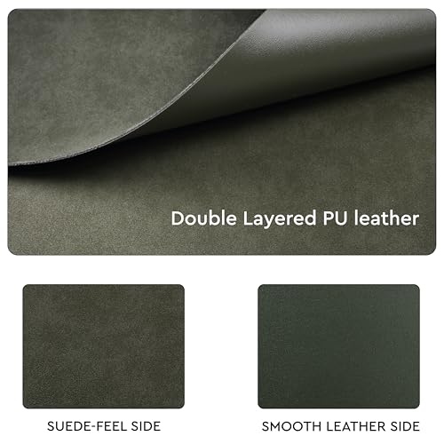 Image of Encasa XO Leather Dining Table Mat Set of 2 + 2 Coasters, 42x30 & 9 cm | Water & Heat Resistant Double-Layer Dining Table Mats with Suede Top | Wipeable & Durable Olive Placemats for Dining Table