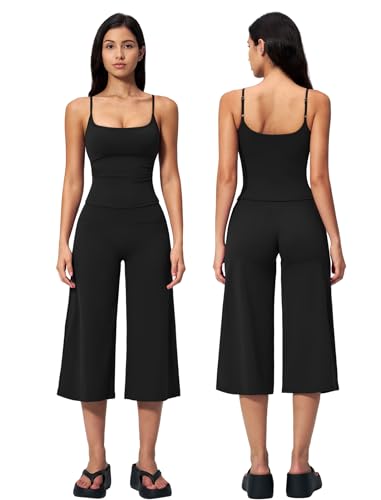 2 Piece Workout Sets for Women Spaghetti Straps U Backless Crop Tank Tops Matching High Waist Straight Wide Leg Capri Pants Womens Two Piece Athletic Set Gym Wear Active Yoga Pilates Outfits Black S