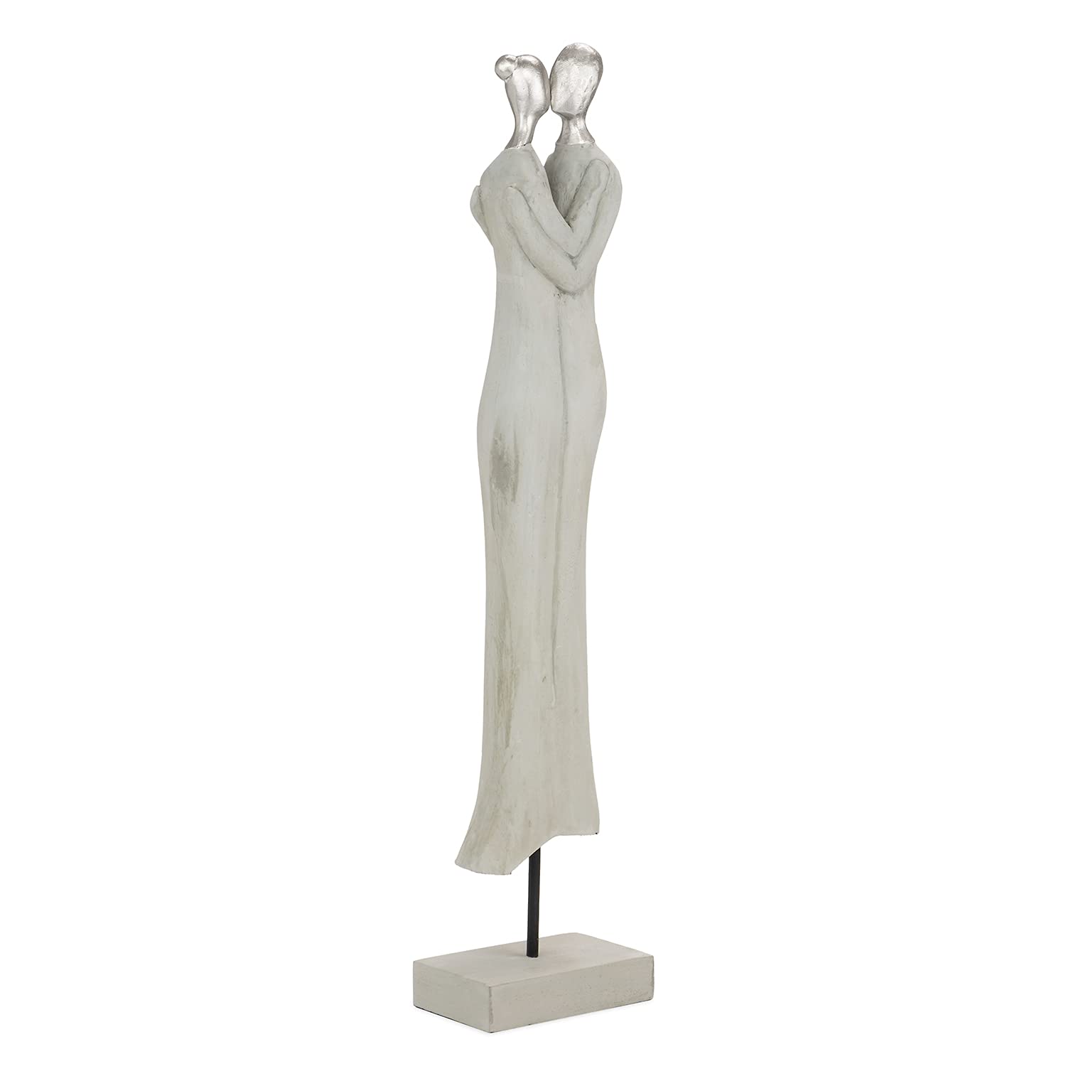 Moritz Skulptur Paar Nähe ca. 64 cm – Mangoholz Liebespaar grau Silber Deko | Zwei umschlungene Figuren auf Metallstab und Holzsockel, handgefertigtes Unikat, romantisches Geschenk zur Hochzeit