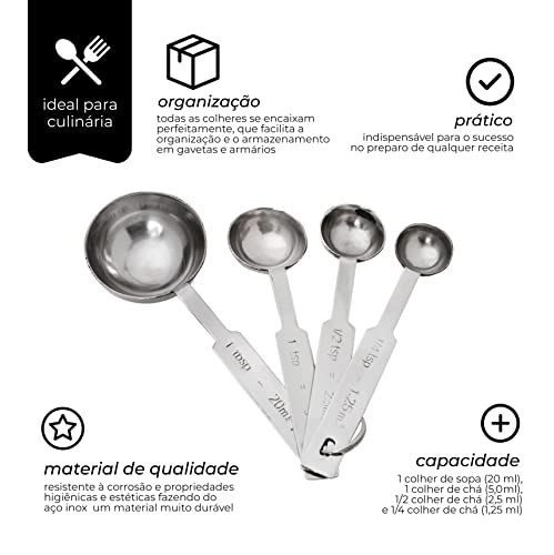 Mimo Style Conjunto de Medidores Xícaras e Colheres 8 Peças de Aço Inox cor Prata, Próprias Para Ing