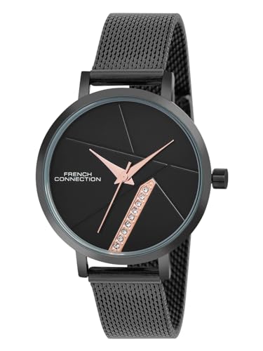 Image of French Connection Sunray Black Round Dial with Black Stainless Steel Mesh Strap Watch - for Womens FCN0137BM