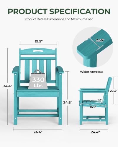 Image of Set of 2 Weatherproof Patio Chairs - HDPE Outdoor Dining Chairs with Wide Seat, Ergonomic Design - for Garden, Backyard, Deck - Lake Blue