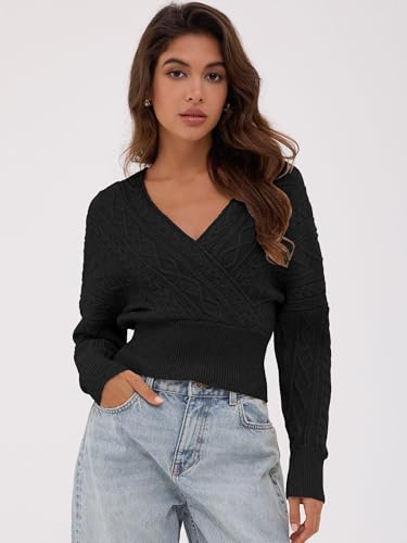 Image of ZAFUL Women's V Neck Cable Knit Sweater Long Sleeve Ribbed Crop Tops Wrap Surplice Solid Casual Pullover Jumper