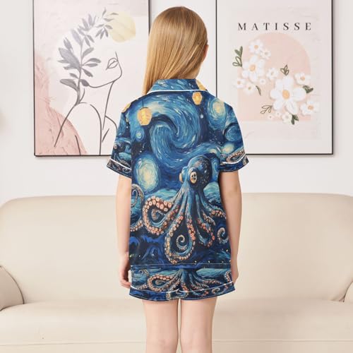 ALAZA Blue Octopus Fish Van Gogh Satin Pajamas Set Short Sleeve Button Down Sleepwear Summer Pjs 2 Piece4