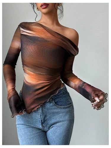 Women's Off Shoulder Tie Dye Mesh T Shirt Long Sleeve Asymmetrical Hem Ruched Fitted Tee Tops4