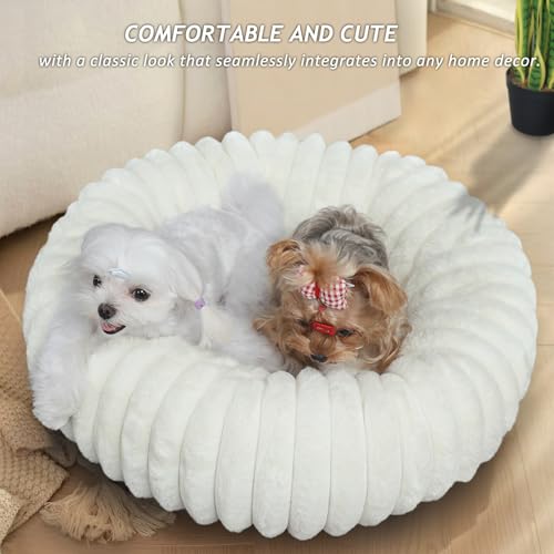 Donut Small Dog Bed Washable - Dog Beds for Small Dogs and Cats with Corduroy Fleece & Anti Slip Bottom, Calming Round Faux Fur Cute Pet Bed for Puppy Kitten, Cream, 23x23x6 inches - Image 3