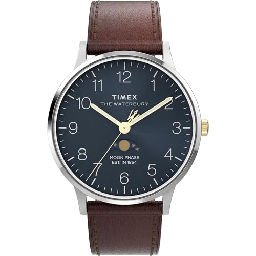 Timex メンズ ウォーターベリー クラシック クロノ 40mm ステンレススチール クォーツ ドレスウォッチ レザーストラップ付き, ブラウン/ステンレススチール/ブルー。, クラシック