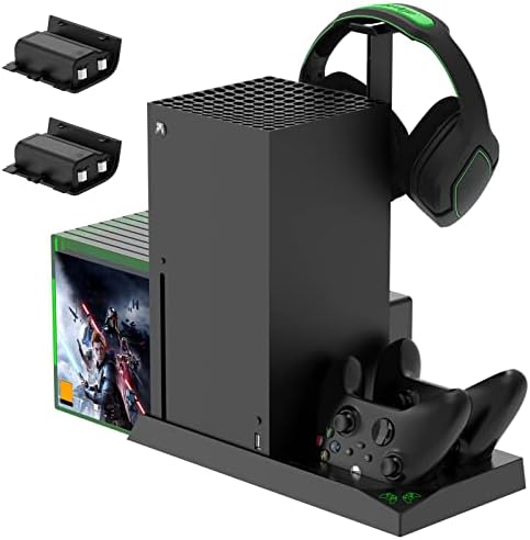 FASTSNAIL 5in1 Vertical Cooling Stand with Cooling Fan for Xbox Series X, for xbox series x accessories with 2x1400mAh Batteries, Dual Controller Charging Dock Station & Headset Stand & 10 Game Slots