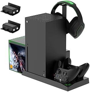 FASTSNAIL 5in1 Vertical Cooling Stand with Cooling Fan for Xbox Series X, for xbox series x accessories with 2x1400mAh Batteries, Dual Controller Charging Dock Station & Headset Stand & 10 Game Slots