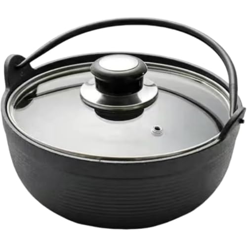 WhiteForest 南部鉄器 囲炉裏鍋 ガラス蓋・木蓋付き バージン鋳鉄 オプション すき焼き鍋は丈夫なスチールハンドルをし 南部鉄 ツル付き 木蓋付き 丸鍋 鉄鍋 こびりつきにくい厚手鍋、美しく実用的で (25cm,ガラスカバー)