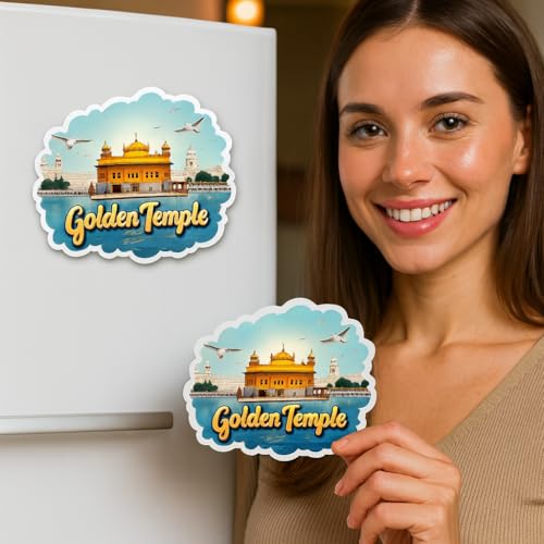 Image of Naxon Golden Temple Amritsar Theme Souvenir Wooden Fridge Magnet | Sri Harmandir Sahib Printed Refrigerator Magnet for Kitchen & Home Decor | Religious Travel Gift | Size 3x3 Inch | Pack of 1