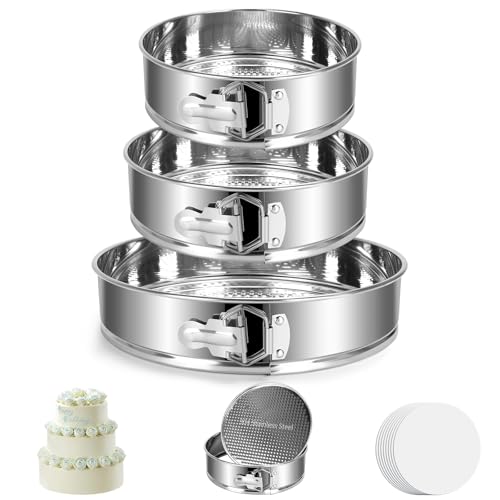 Juego de moldes de acero inoxidable, 17.8 cm, 22.9 cm, 25.4 cm, antiadherentes, a prueba de fugas, sartén redonda para tartas de queso con parte inferior extraíble y 20 forros de papel de pergamino