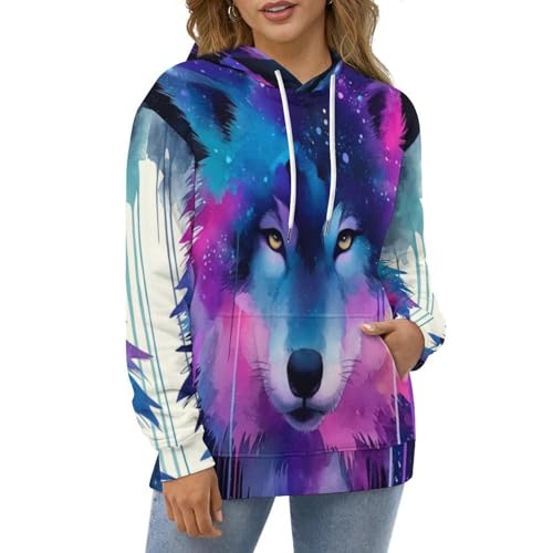 Sweat à capuche imprimé loup 3D avec dégradé galaxie coloré