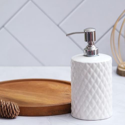 Image of Ceramic Soap Dispenser 330ml (Set of 1) | White Diamond Design | Refillable Liquid Soap, Hand Wash & Lotion Pump Bottle | Premium Ceramic Bathroom & Kitchen Accessory | White