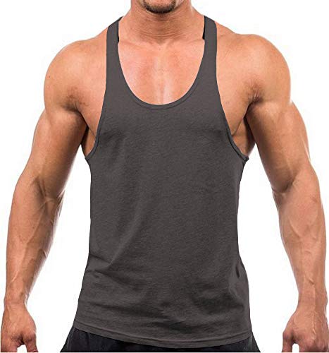 YAKER Men's Blank Stringer Y Back Bodybuilding Gym Tank Tops (L, Dark Grey)